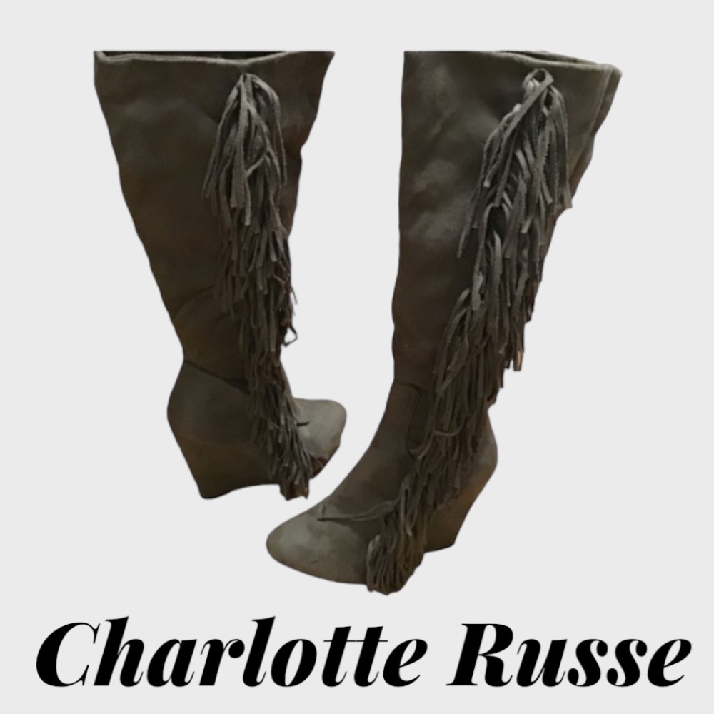 Women’s Gray Fringe Wedge Heel Mid Calf High Boots Size 8